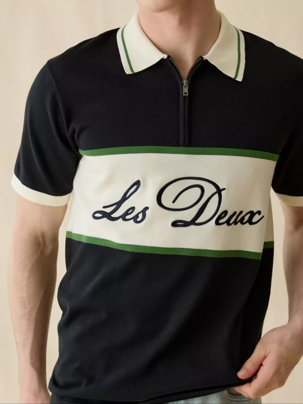 Les Deux Logo Quarter Zip Short Sleeve Polo Sweater,Black,$159.00